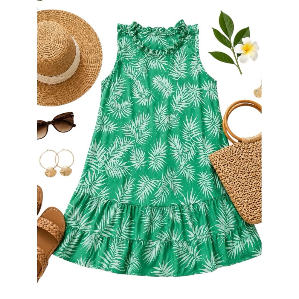Maia Tropical Palm Leaf Cotton Ruffle Dress Women's Size 18 Lined Summer Green